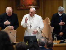 Pope Francis addresses the moderators of associations of the faithful, ecclesial movements, and new communities in the Vatican Synod Hall, Sept. 16, 2021.